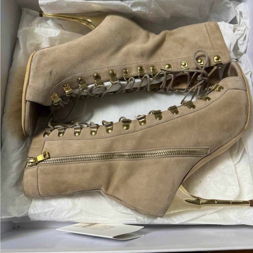 Balmain Tan Lace-Up Heeled Boots - Picture 3 of 5